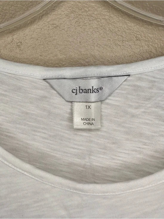 CJ Banks White Scoop Neck Slub Knit Top Embroidered Palm Trees - Picture 3 of 6